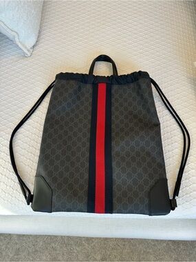 Gucci Black & Red Monogram Drawstring Backpack